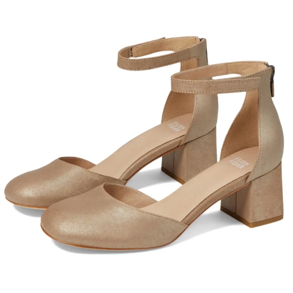 Eileen Fisher Indi Pump Platinum Size 7 Leather Block Heel Ankle Strap - Picture 1 of 10
